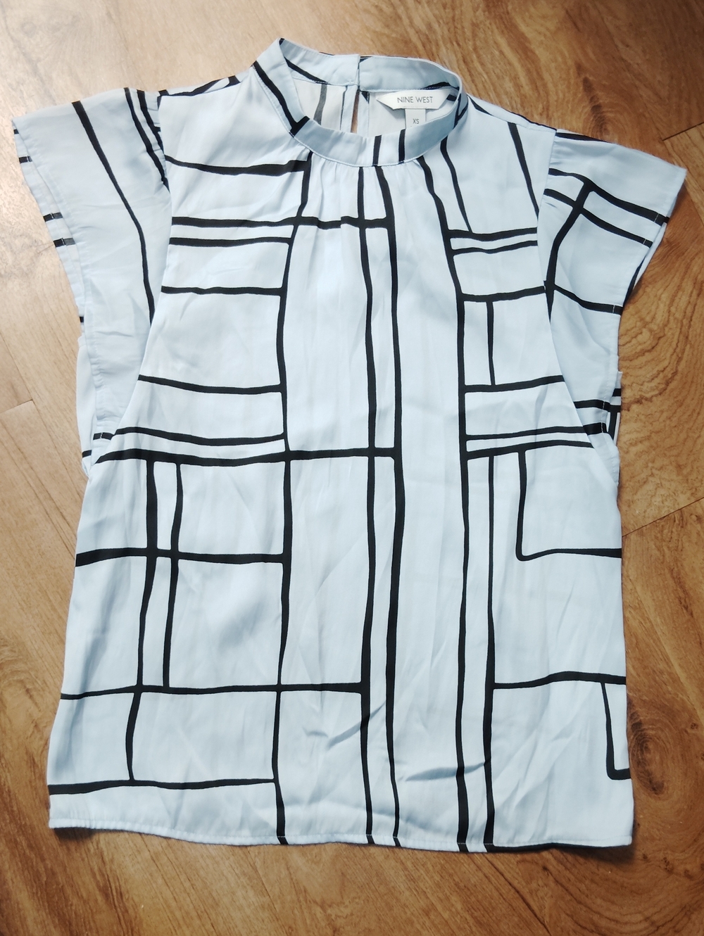 Nine West Pale Blue Black Grid Cap-Sleeve Blouse